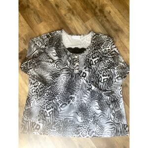 Susan Graver Black/Gray Cheetah Print Blouse Womens 1X